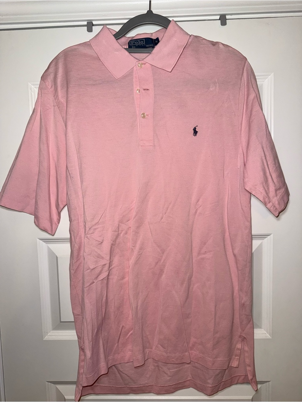 Ralph Lauren Men's Medium Light Pink Polo Shirt with Navy Logo